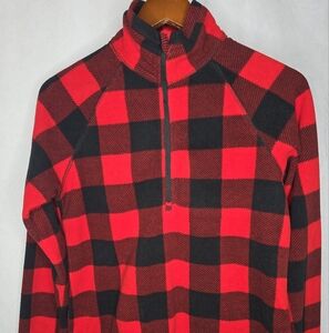 Eddie Bauer Fleece Top Red Black Buffalo Plaid 1/4 Zip Mock Neck Long Sleeve S